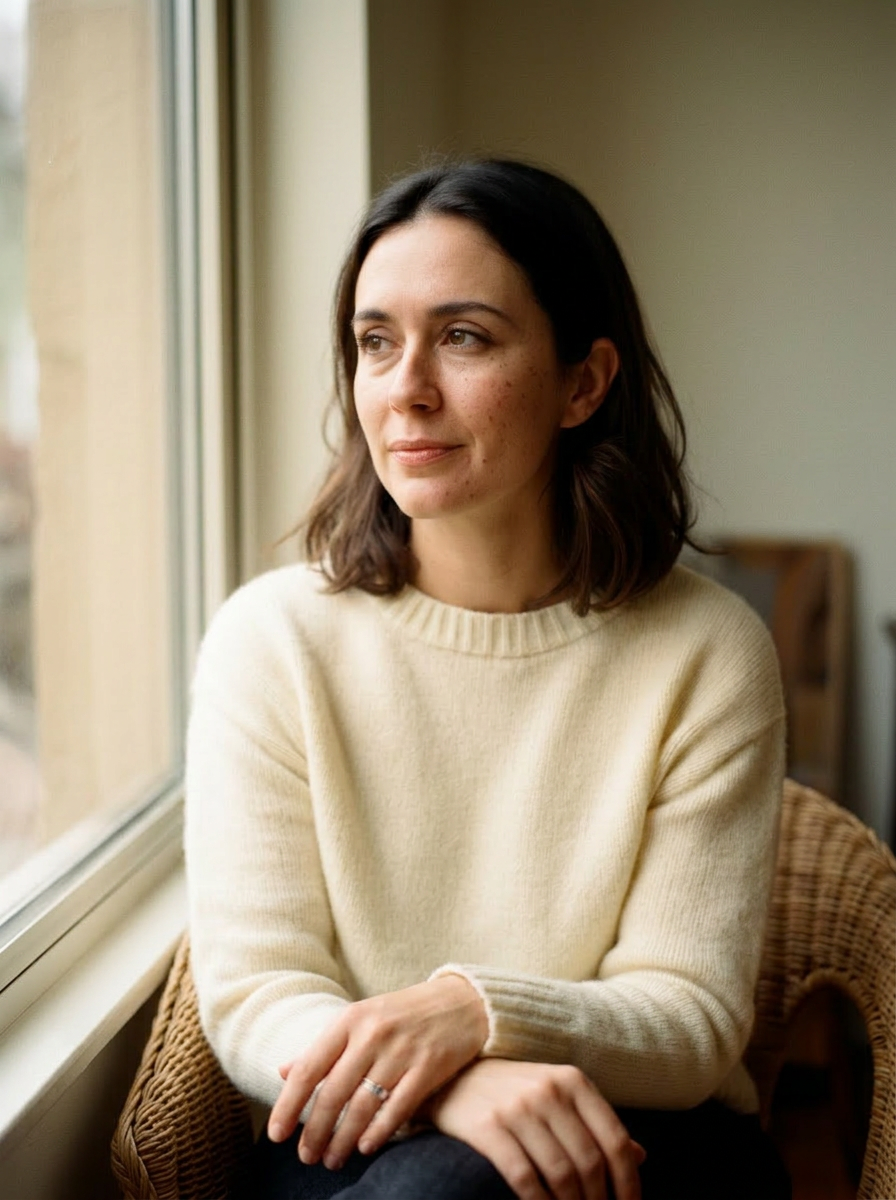 A woman pausing in soft natural light
